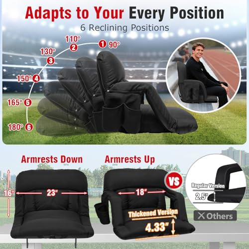 Black Suteck Stadium Seat with Back Support 23" Wide, Portable Bleacher Chair