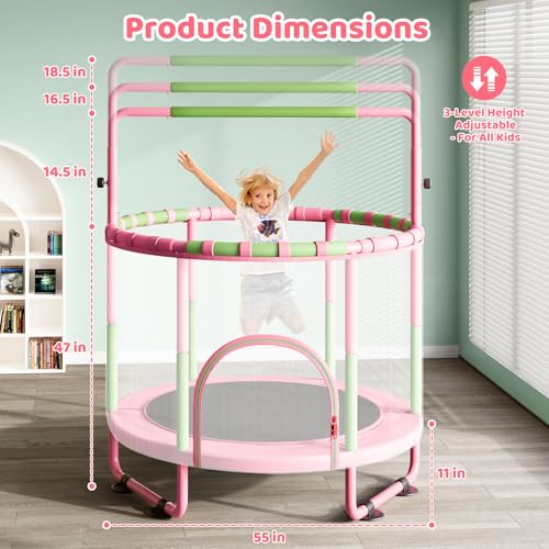 Kids 55-Inch Indoor Outdoor Trampoline with Enclosure & Adjustable Bars - Pink & Green