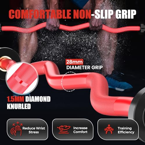 47-Inch Solid Steel Olympic Curl Bar - 700LB Capacity, Red & Black