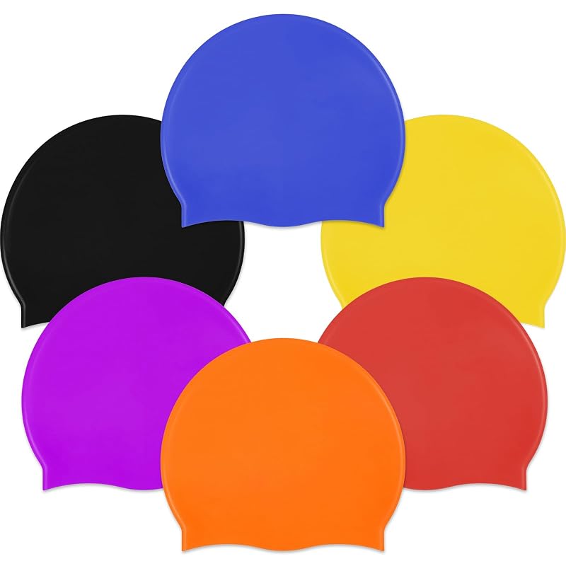 6-Piece Silicone Swim Cap Set - Unisex, 6 Solid Colors (Yellow, Orange, Red, Black, Navy, Purple)
