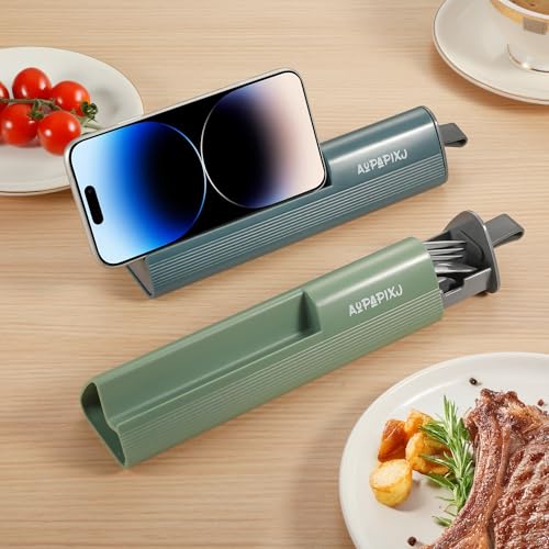 Green 18/8 Stainless Steel Reusable Travel Utensils Set with Case & Phone Stand