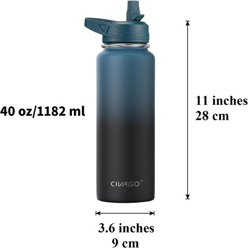 CIVAGO 40 oz Insulated Water Bottle - Stainless Steel Sports Flask with 3 Lids | Cool Gray