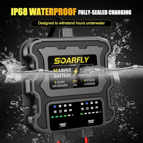 SOARFLY 2 Bank Marine Battery Charger 10A Waterproof 12V for Boat RV Lithium AGM