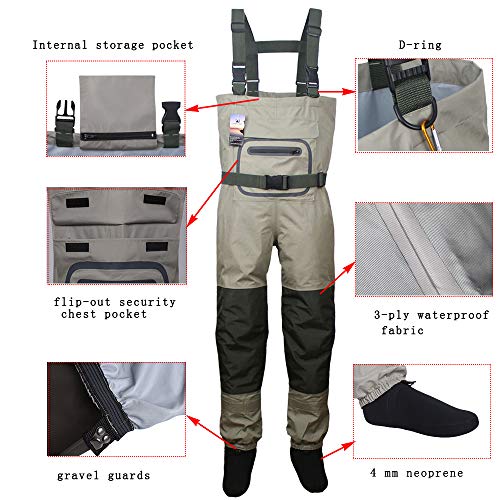 Kylebooker Large Khaki & Olive Green Breathable Stockingfoot Chest Waders for Fishing