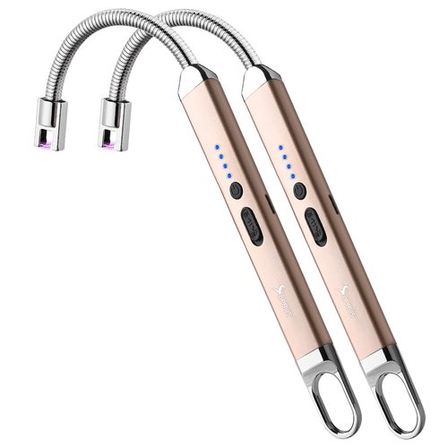 SUPRUS Rechargeable USB Arc Electric Lighetrs with Safety Switch 360° Flexible Neck Flameless Grill Long Lighters for Candle Camping Cooking (Champagne Gold, 2Packs)