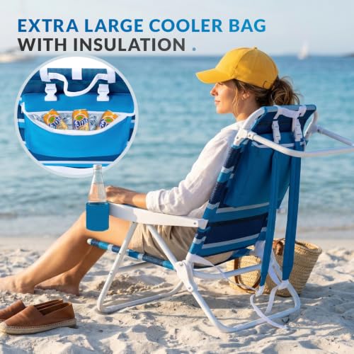 Blue Stripe Folding Beach Chair 2 Pack with Mesh Fabric & Cooler Bag