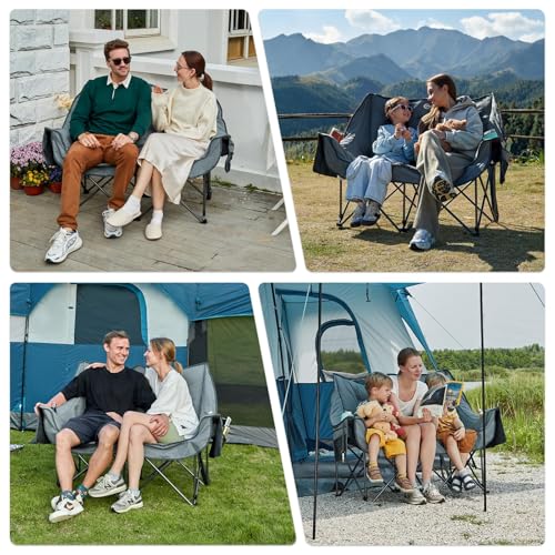 Portal Pure Grey Double Camping Chair, 2 Person Folding Loveseat with Padded Cushions & Cup Holders