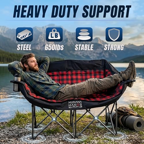 MANANA MANOR Double Folding Camping Chair for 2 Adults – Supports 650 lbs, Extra Padded, Portable Patio & Beach Couch