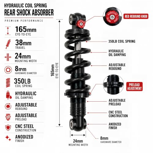 Black 165mm Rear Shock Absorber with 350LB Hydraulic Coil Spring for Mountain Bikes - WROASLTOUX