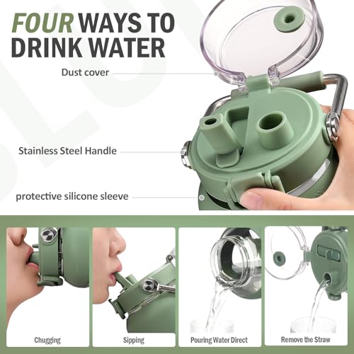 100 oz Glass Water Bottle with Straw - Olive, Wide Mouth, Time Marker