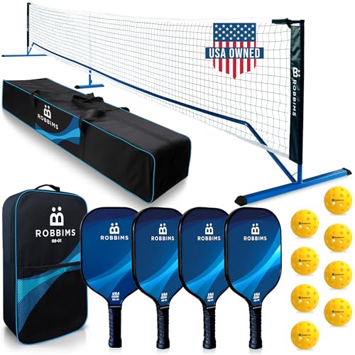 Pickleball Set with Net and Paddles - 4 USA Approved Carbon Fiber Paddles, Portable Regulation Net & Outdoor Balls