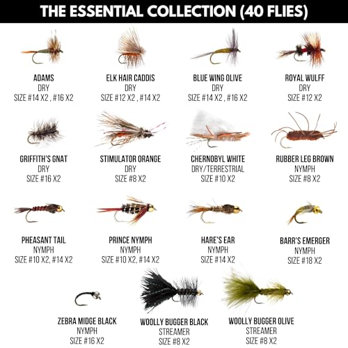 Fly Fishing Flies Assortment Kit with Fly Box - 15 Patterns for Trout & Bass