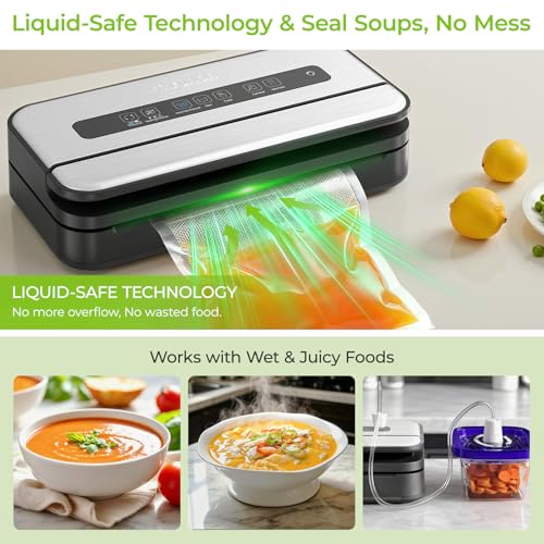 Food Vacuum Sealer Machine 90Kpa with Liquid & Moist Modes, Includes Bags & Roll