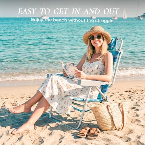 ARURU Light Green Tall Folding Beach Chair for Adults with Cooler & Cup Holder, 5-Position Recline, Portable Backpack Design