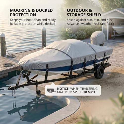 Fapaulen Waterproof 1200D Marine-Grade Boat Cover for 16-18.5 ft Bass Boats, Oyster Gray with Adjustable Straps & Metal Hooks