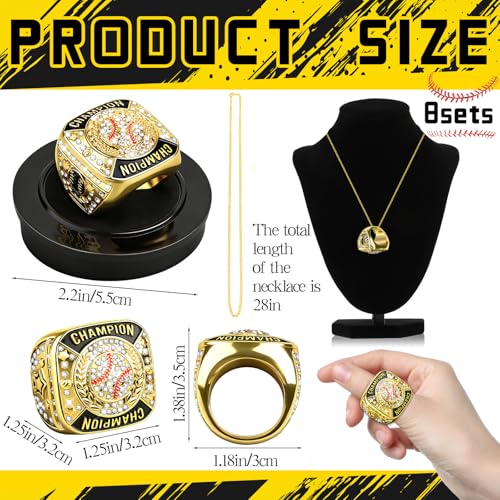 Noxglory 18 Pack Gold Baseball Championship Rings with Necklace – Trophy Award for Winners