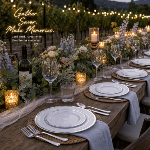 Silver Disposable Plastic Plates Set for 100 Guests - Includes 100 Dinner & Dessert Plates, 300 Cutlery, Cups, Napkins - Elegant Partyware