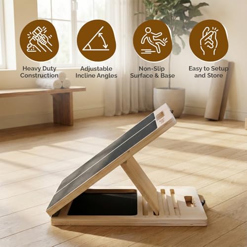 Portable Wooden Calf Stretch Board with Resistance Bands - Adjustable Incline