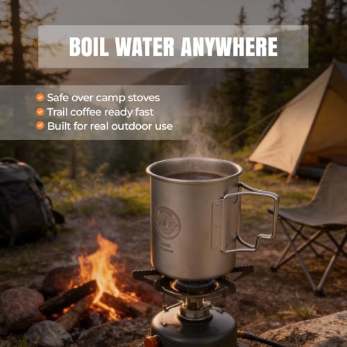 Titanium Camping Mug 15 oz - Ultra Lightweight, Fire Safe, Folding Handle
