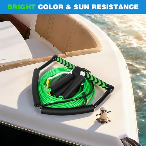 Green 75FT No Stretch Dyneema Wakeboard Rope & Handle - Adjustable Water Ski Tow Line