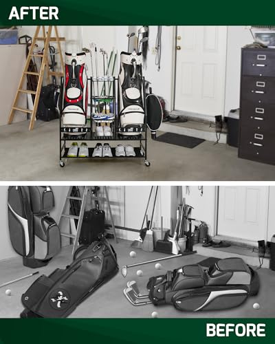 Mythinglogic 2-Bag Golf Organizer with Club, Shoe & Accessories Storage - Versatile Golf Equipment Rack
