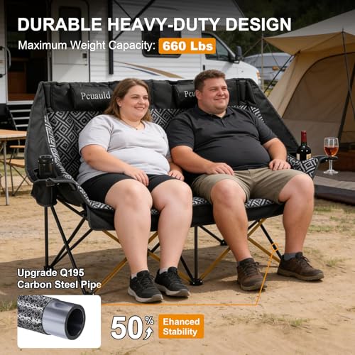 Heavy Duty Double Camping Chair with Padded Seats & Cup Holders for Outdoor Travel