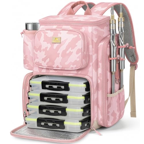 Pink Camouflage Fishing Backpack with 4 Tackle Boxes and Insulated Cooler