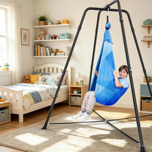 COZEER Blue Color-Block Sensory Swing with Stand for Kids & Adults, 330 lbs