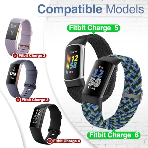 Braided Stretchy Nylon Watch Bands for Fitbit Charge 6/5 - Black, Blue & Camouflage