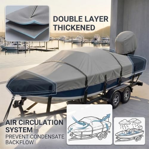 Fapaulen Waterproof 1200D Marine-Grade Boat Cover for 16-18.5 ft Bass Boats, Oyster Gray with Adjustable Straps & Metal Hooks