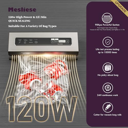 Mesliese 6-in-1 Vacuum Sealer Machine - Silver, Dry & Moist Modes, Includes Bag Rolls & Pre-cut Bags