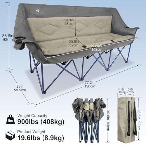 CAMPHILL 3-Person Folding Camping Chair with Thick Padding, Supports 900 lbs