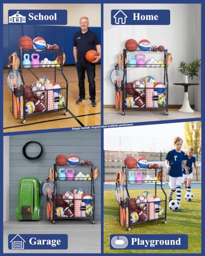Sports Equipment Organizer with Wheels - Garage Ball Storage, 36 x 16 inches