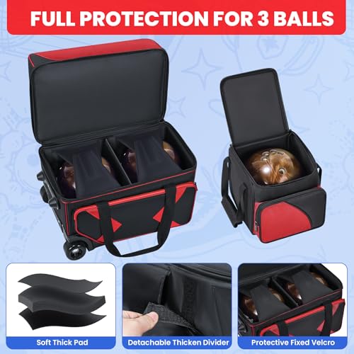 Aleemin Red 3 Ball Bowling Bag with Wheels & Tote - Durable, Multi-Compartment