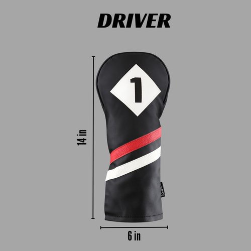 Majek Retro Golf Headcover Black Red and White Vintage Leather Style 1 Driver Head Cover Fits 460cc Drivers Classic Look