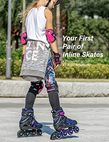 Adjustable Inline Skates for Kids, Youth & Adults with Light Up Wheels - Violet & Magenta, Large (4.5-8 US)