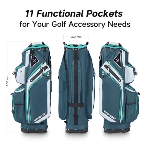 T WINSOLOGY Lightweight Golf Cart Bag with 14 Dividers, 11 Pockets, Cooler, INK BLUE/WHITE/MINT