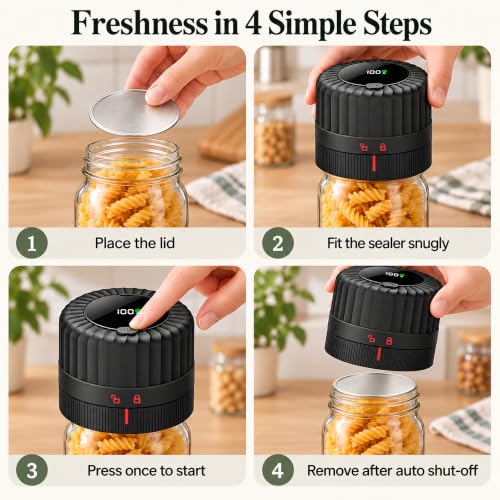 Electric Mason Jar Vacuum Sealer Kit for Food Storage - Black with 10 Lids