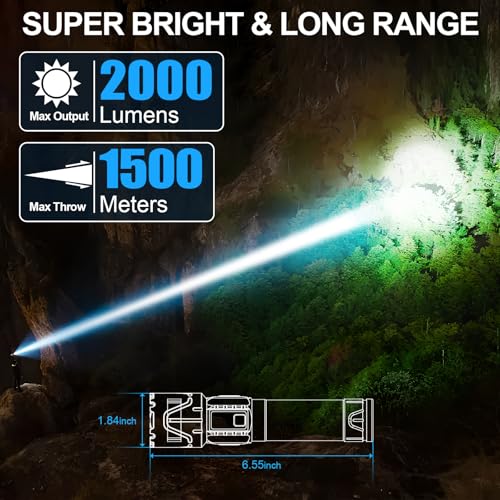 Rechargeable Tactical Flashlight 2000 Lumens High Power LED with Zoom & Power Bank