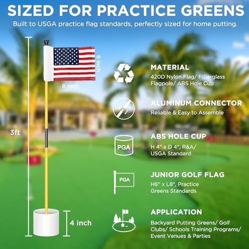 Yellow US Flag Golf Flagstick Set with Ball Retriever & Hole Cups - 3 Pack