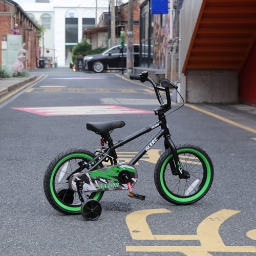 Glerc Kids BMX Bike 14 Inch for Ages 3-5, Green & Black, Training Wheels
