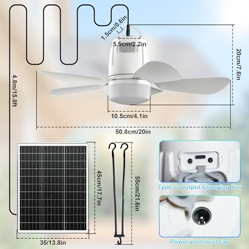 Lumtide 20'' Solar Ceiling Fan with 20000mAh Battery & Dimmable Light, Portable Outdoor Fan with Remote for Gazebo, Tent, RV