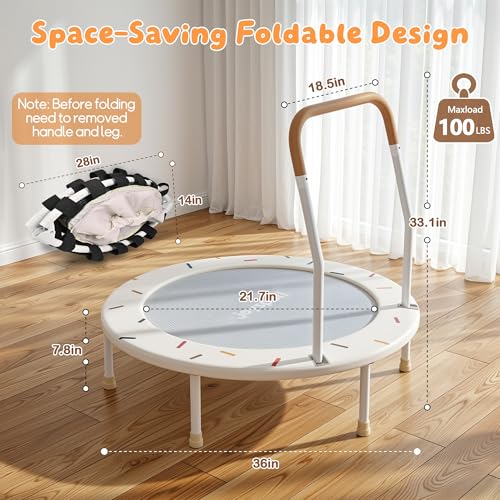 White 36-Inch Foldable Toddler Trampoline with Foam Handle - Indoor Safe Rebounder