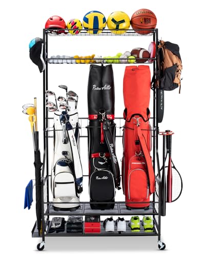 FHXZH Three Golf Bag Storage Rack with Wheels & Multi-Storage Shelves