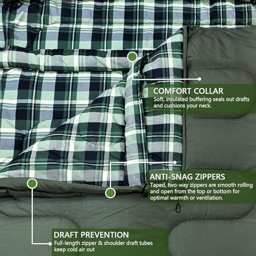 WKFAMOUT Olive Double Sleeping Bag for Adults, 2 Person Cold Weather Camping