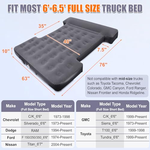 6-6.5ft Truck Bed Air Mattress with Built-in Cordless Pump and Pillow - Portable Camping Bed