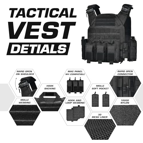 GFIRE Elite Black Tactical Vest with Quick Release, Adjustable Breathable Training Vest