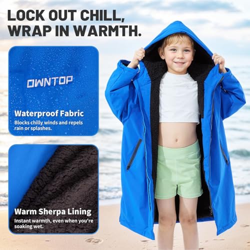 Owntop Kids & Adult Waterproof Sherpa Lined Surf Poncho - Oversized Hood & Velcro Patch - XX-Small Blue