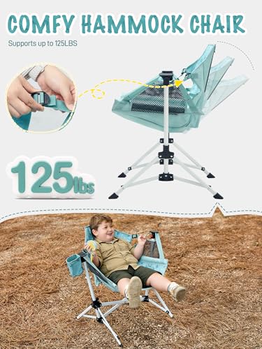 EVER ADVANCED Kids Foldable Hammock Chair with Stand - Dolphin Green, Portable Child Camping Swing Seat, Supports 125LBS
