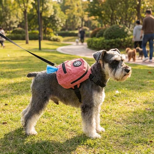 Dog Backpack Harness with Leash and Poop Bag Dispenser - Pink, Medium (10-15lb)